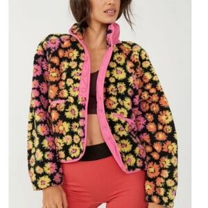 Free People Movement Hit The Slopes Pink Daisy Floral Fuzzy Fleece Jacket